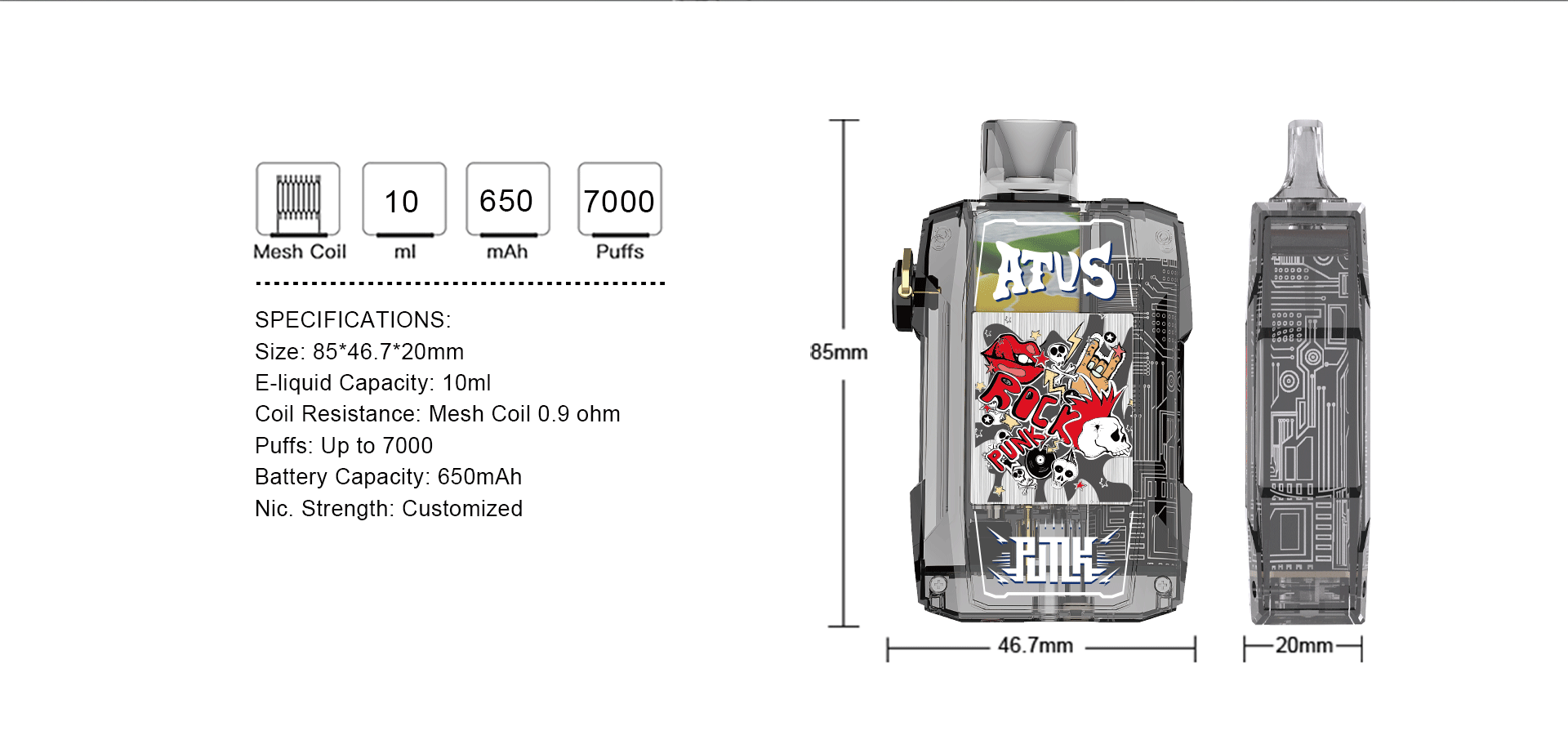DE012 7000 Puffs Cigarro eletrónico descartável com fluxo de ar recarregável e ajustável ATVS Vape