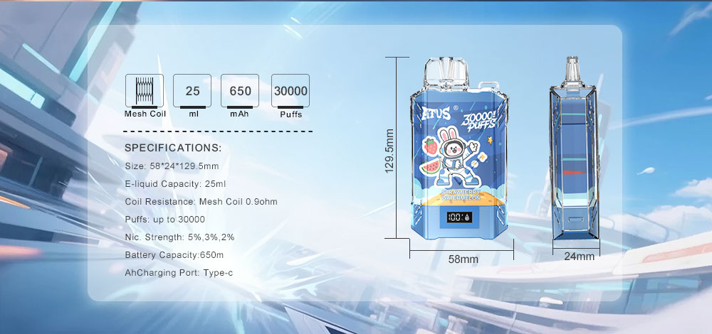 DE017 30000 Puffs Vape descartável com ecrã LED e fluxo de ar ajustável ATVS Vape
