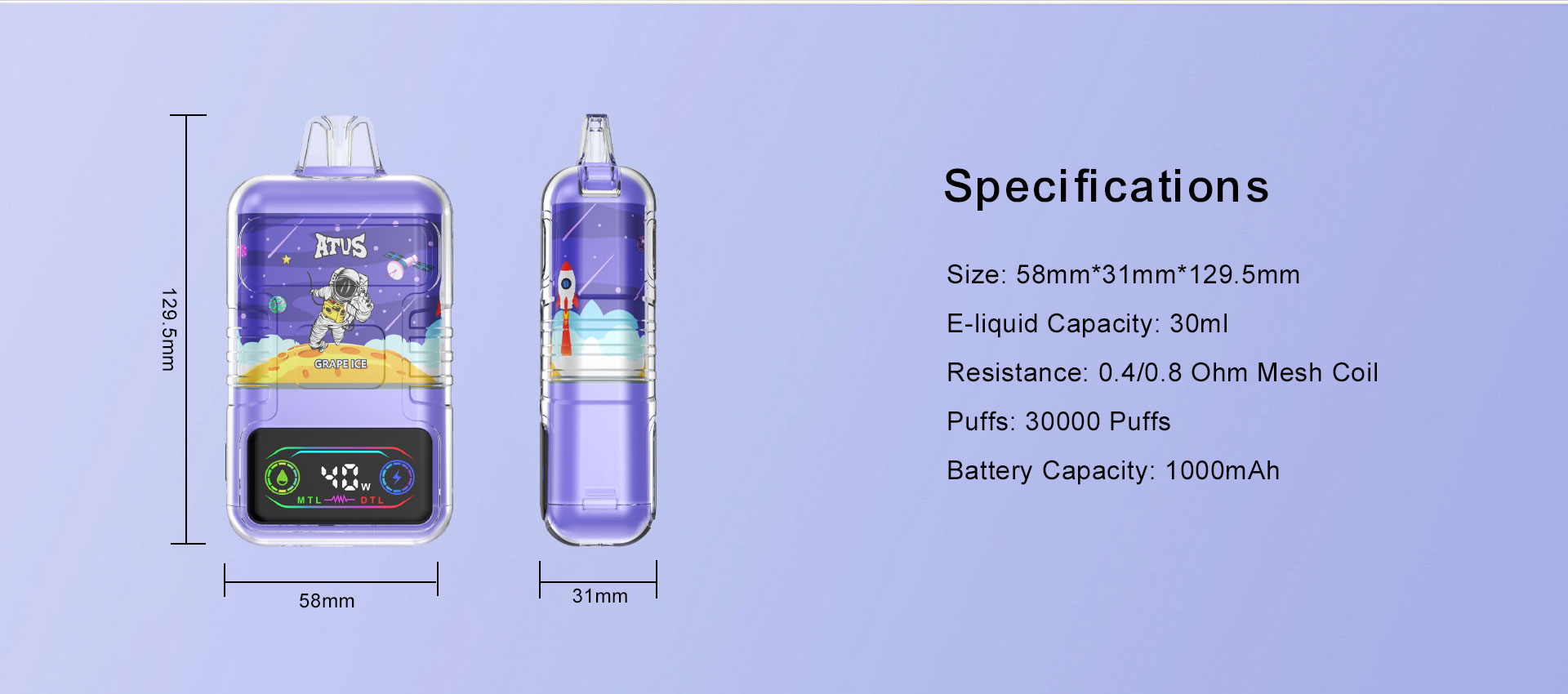 DE021 Vape Descartável 25000 Puffs com Display LED e Bobine Mesh com Duplo Fluxo de Ar MTL DTL ATVS Vape