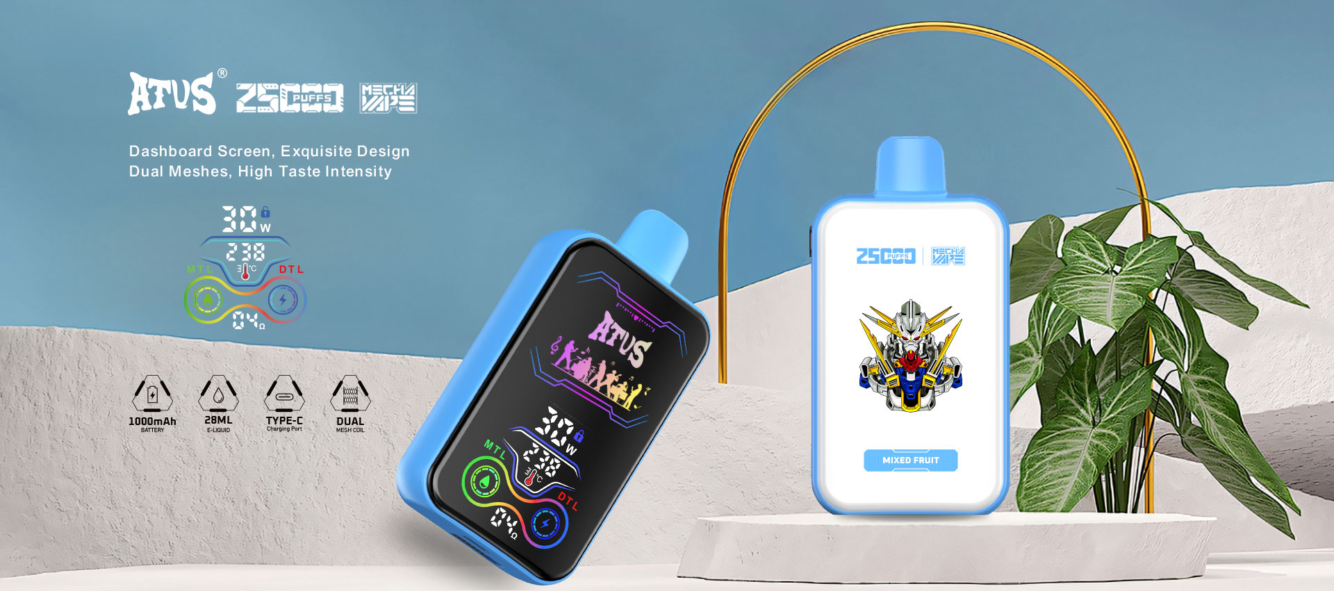 DE022 25000 Puffs 28ml Vape Descartável com Ecrã Touchscreen Recarregável e Fluxo de Ar Ajustável ATVS Vape