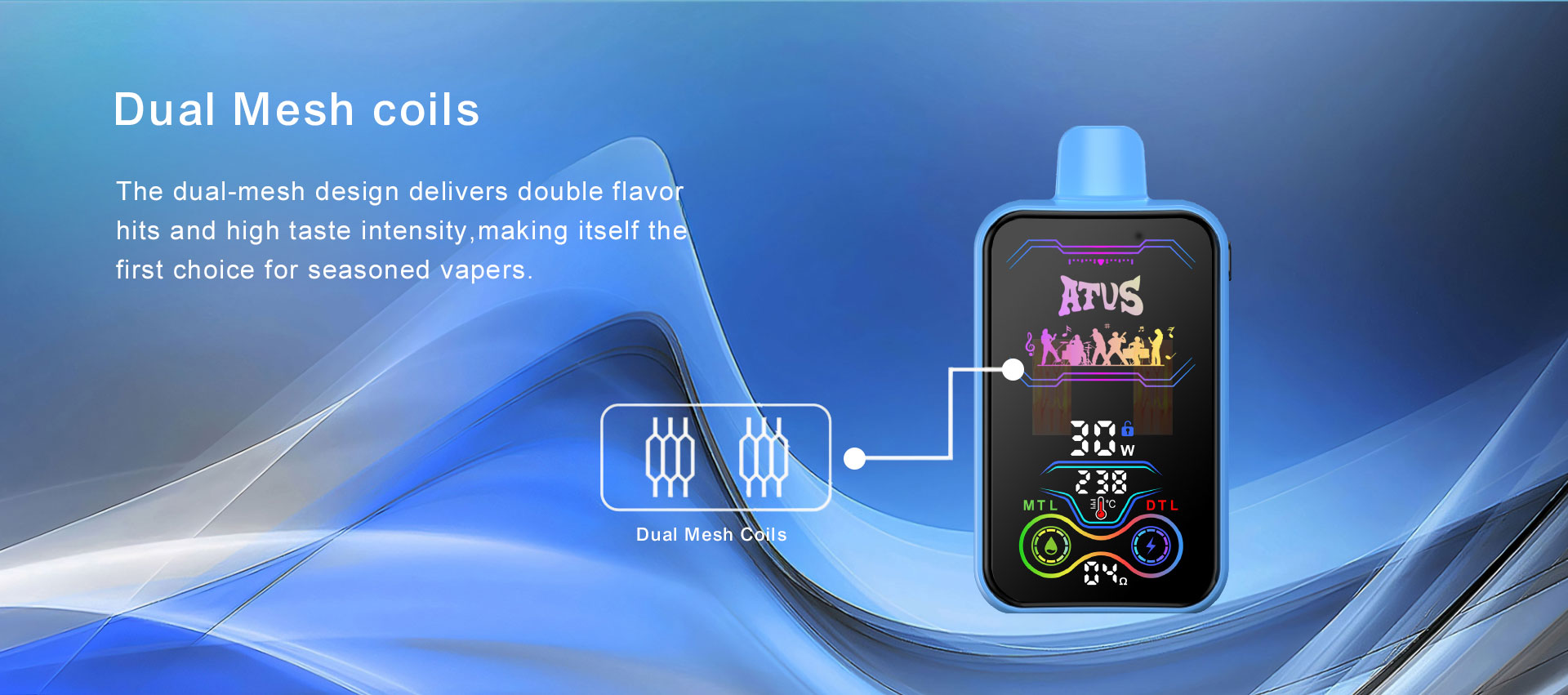 DE022 25000 Puffs 28ml Vape Descartável com Ecrã Touchscreen Recarregável e Fluxo de Ar Ajustável ATVS Vape