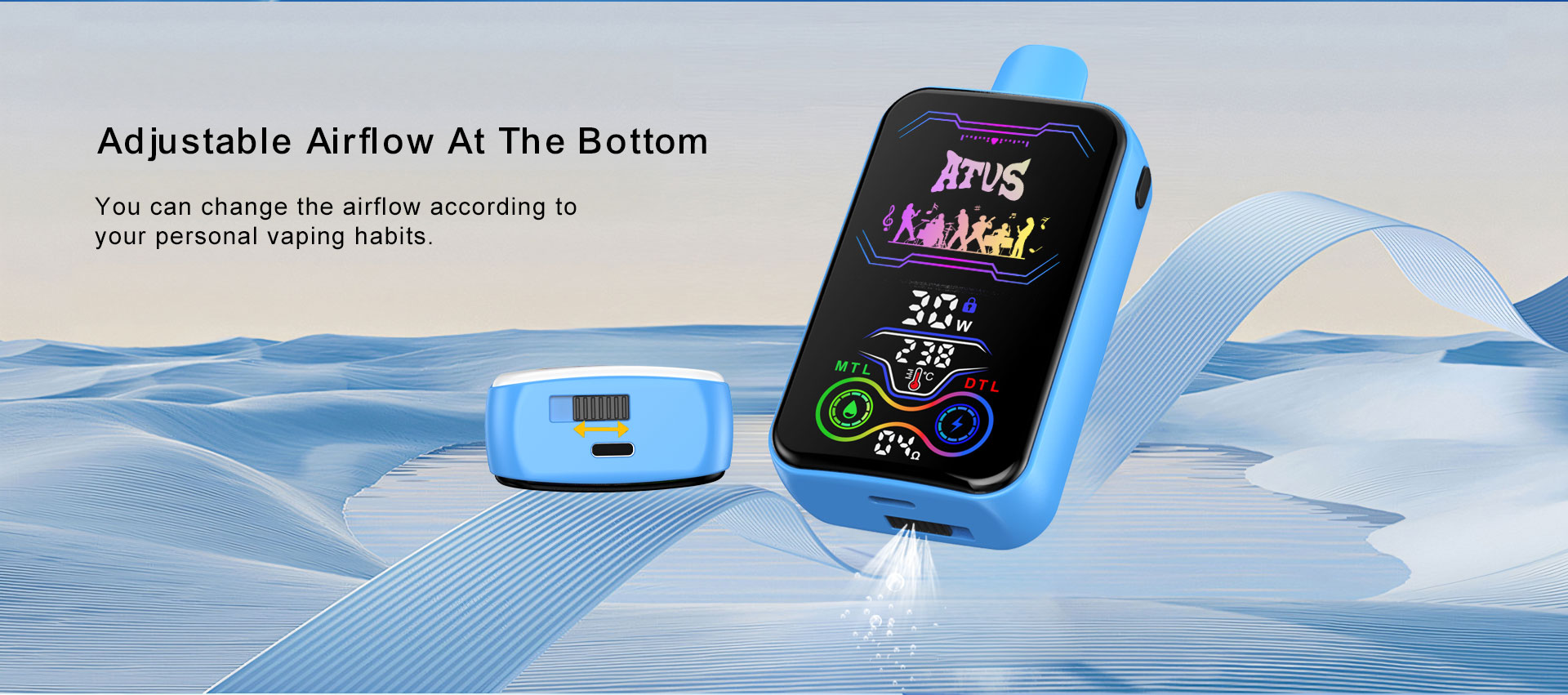 DE022 25000 Puffs 28ml Vape Descartável com Ecrã Touchscreen Recarregável e Fluxo de Ar Ajustável ATVS Vape