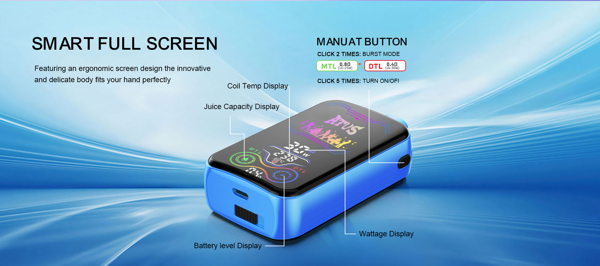DE022 25000 Puffs 28ml Vape Descartável com Ecrã Touchscreen Recarregável e Fluxo de Ar Ajustável ATVS Vape