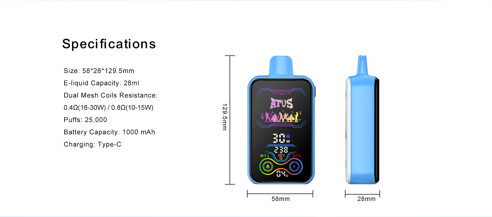 DE022 25000 Puffs 28ml Vape Descartável com Ecrã Touchscreen Recarregável e Fluxo de Ar Ajustável ATVS Vape