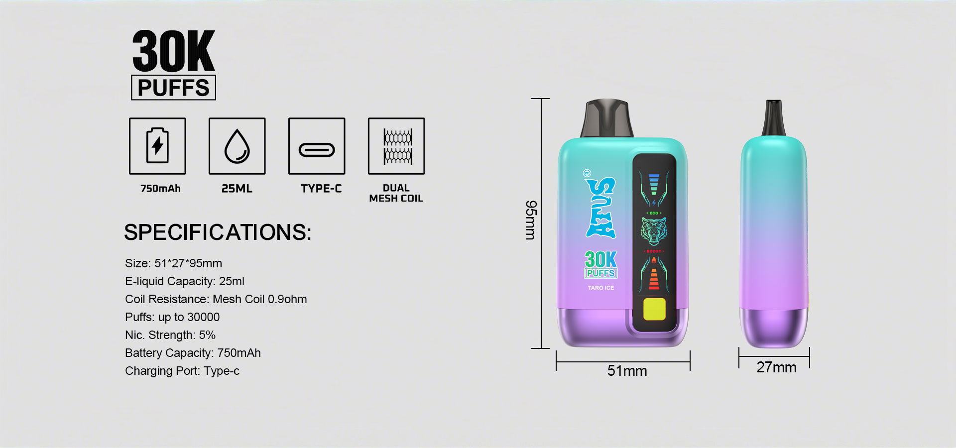 DE026 30000 Puffs Vape Descartável com Ecrã Touchscreen Recarregável e Fluxo de Ar Ajustável ATVS Vape