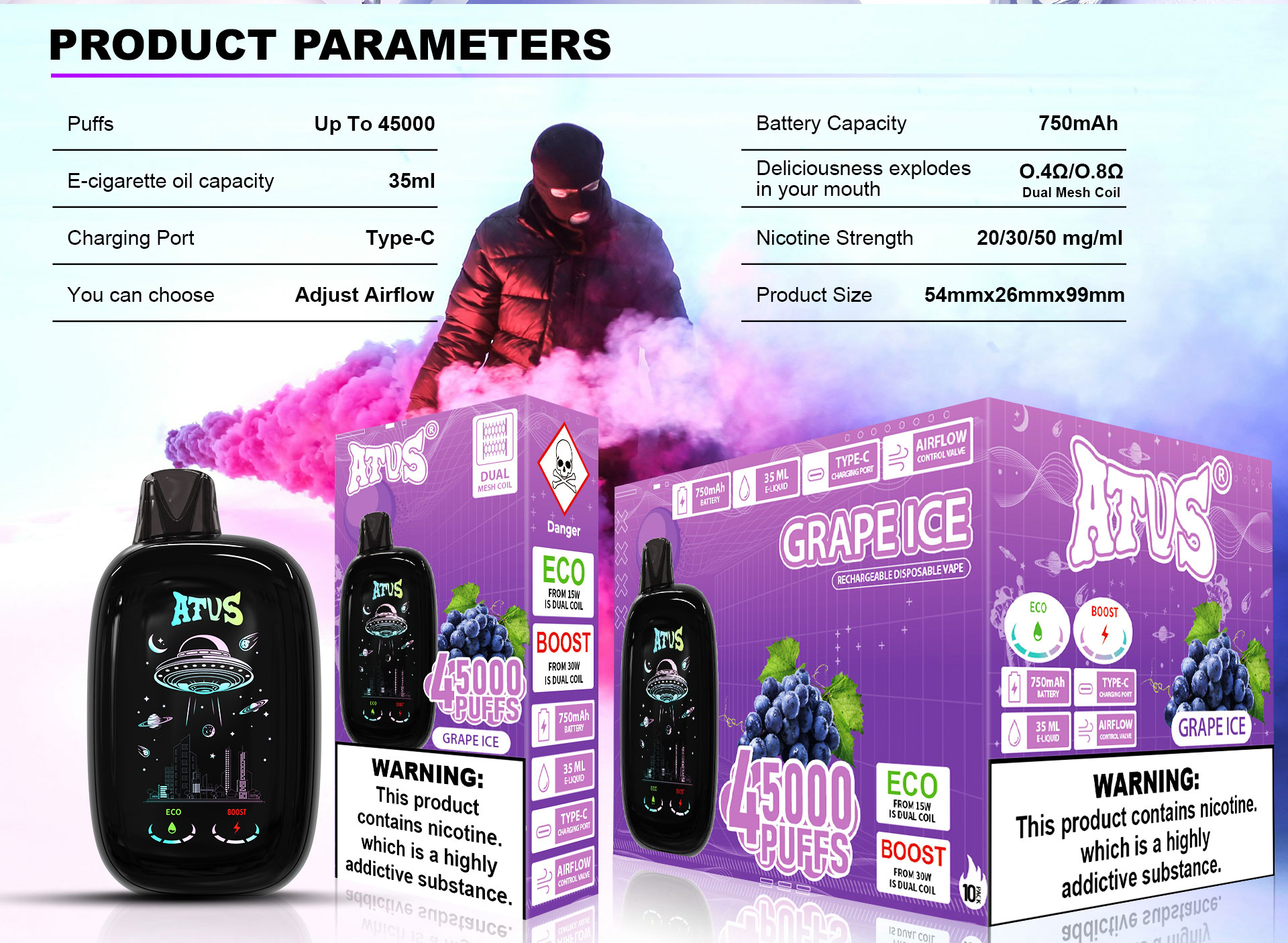 DE027 45000 Puffs 28ml Vape Descartável com Ecrã Touchscreen Recarregável e Fluxo de Ar Ajustável ATVS Vape