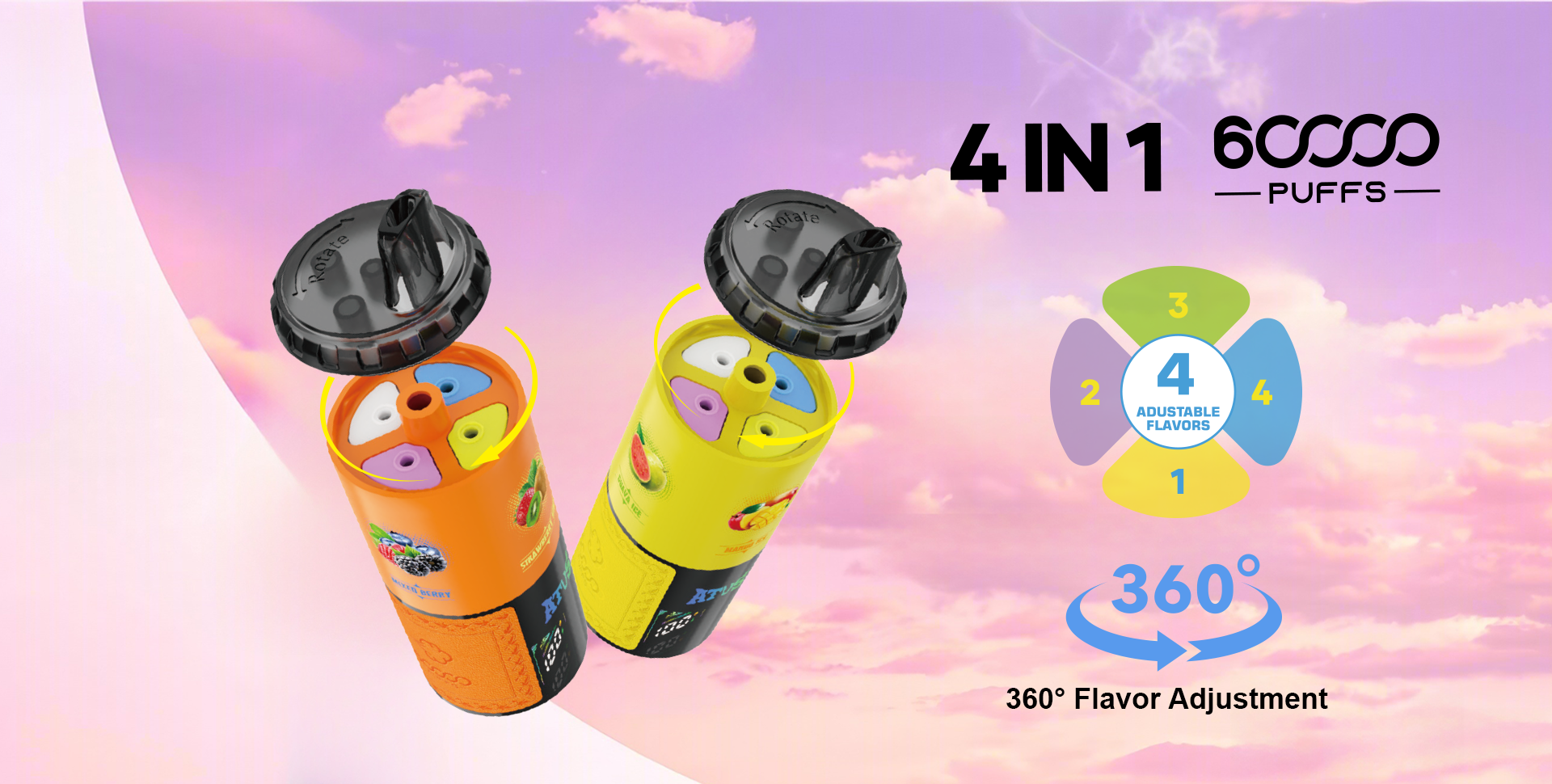 DE030 60000 Puffs Vape Descartável Quatro em Um Sabor Ajustável com Ecrã Inteligente e Carregamento Rápido ATVS Vape