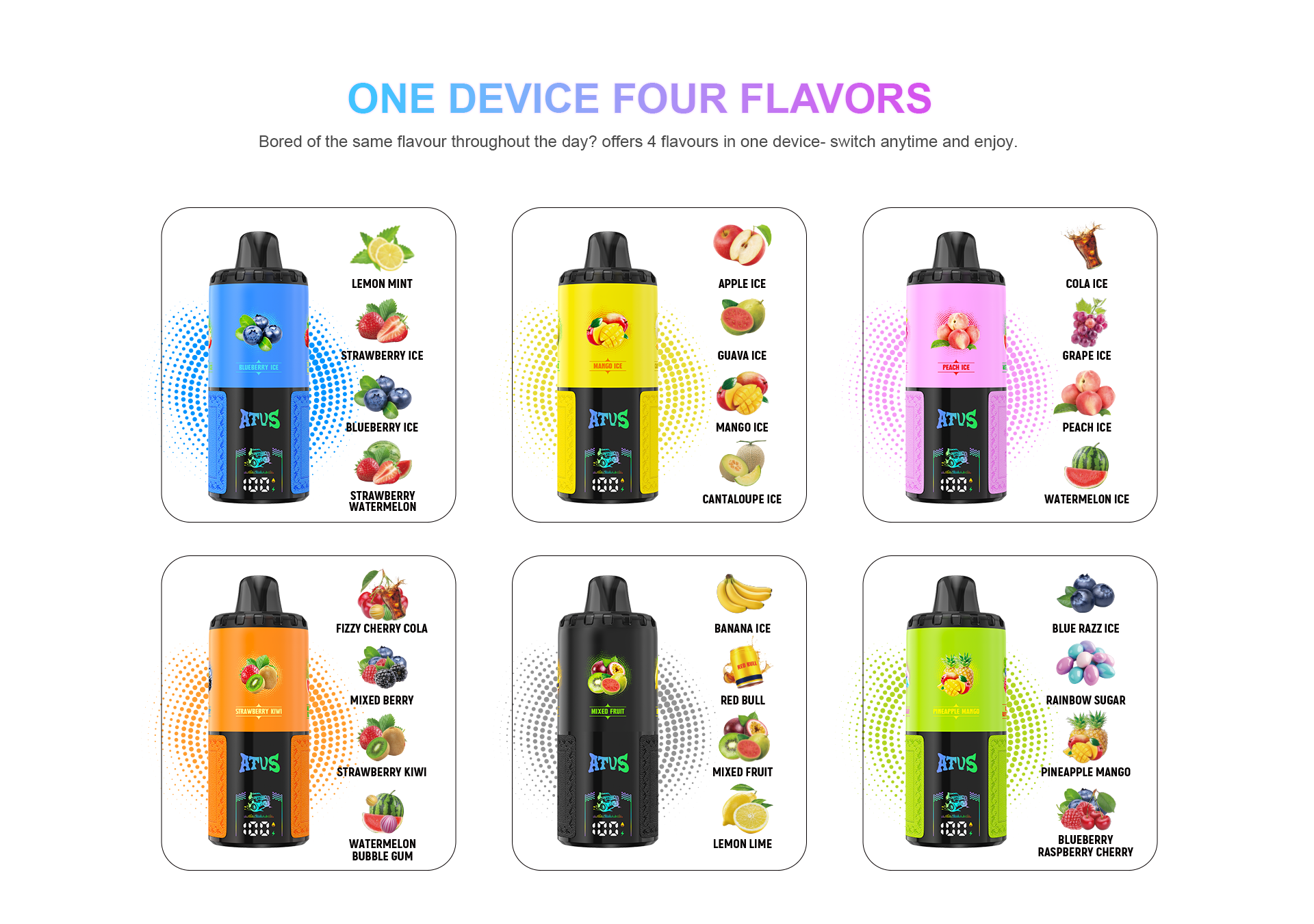 DE030 60000 Puffs Vape Descartável Quatro em Um Sabor Ajustável com Ecrã Inteligente e Carregamento Rápido ATVS Vape