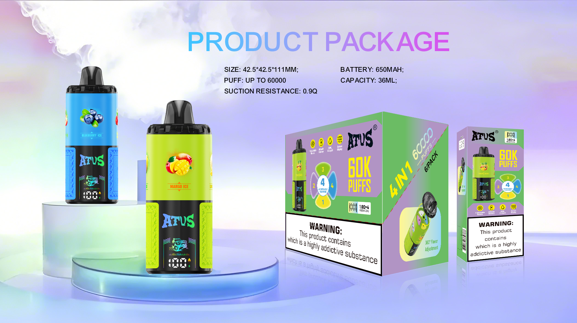 DE030 60000 Puffs Vape Descartável Quatro em Um Sabor Ajustável com Ecrã Inteligente e Carregamento Rápido ATVS Vape